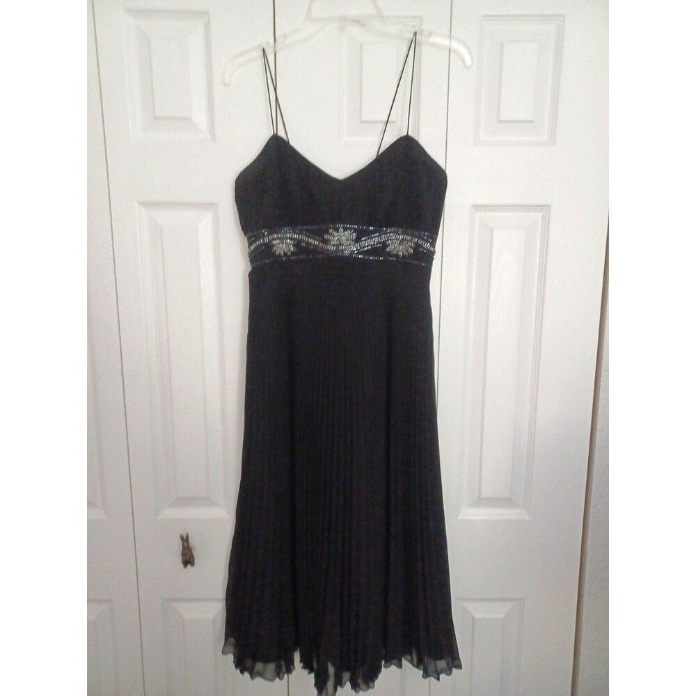 Betsey Johnson evening Women's Pleated Black Dress Beaded Accents Size 8 midi